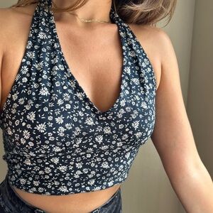 American Eagle Outfitters Halter Navy Floral Halter Crop Top XL